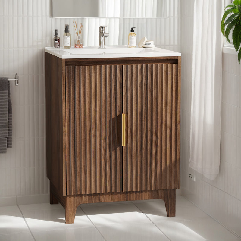 24'' Bathroom Vanity Basin Walnut U-Shelf With Ceramic Top