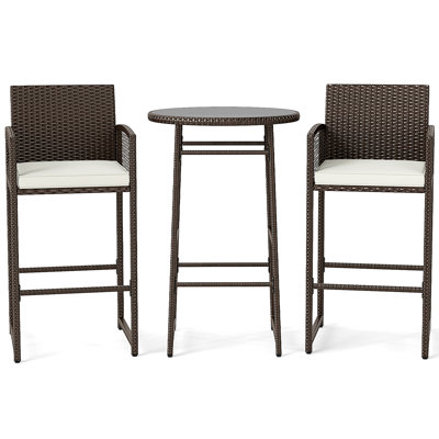  3 Piece Wicker Patio Bar Set w/ 2 Seat Cushions Glass Tabletop for Backyard