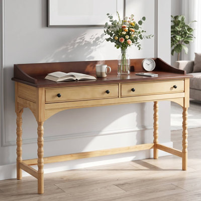 Bureau d'écriture Iston en bois traditionnel de 54 po de large avec 2 tiroirs à fermeture en douceur, pieds de canette tournés et bord de galerie