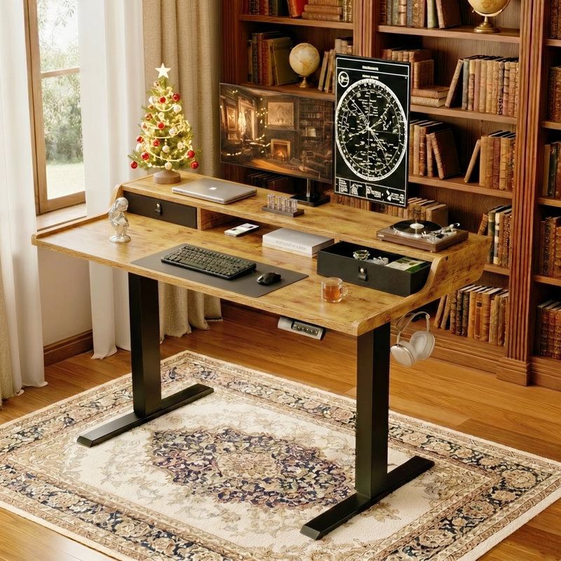 Electric Standing Desk with Large Monitor Shelf & Drawers, Height-Adjustable Ergonomic Desk for Home or Office, Brown/Black