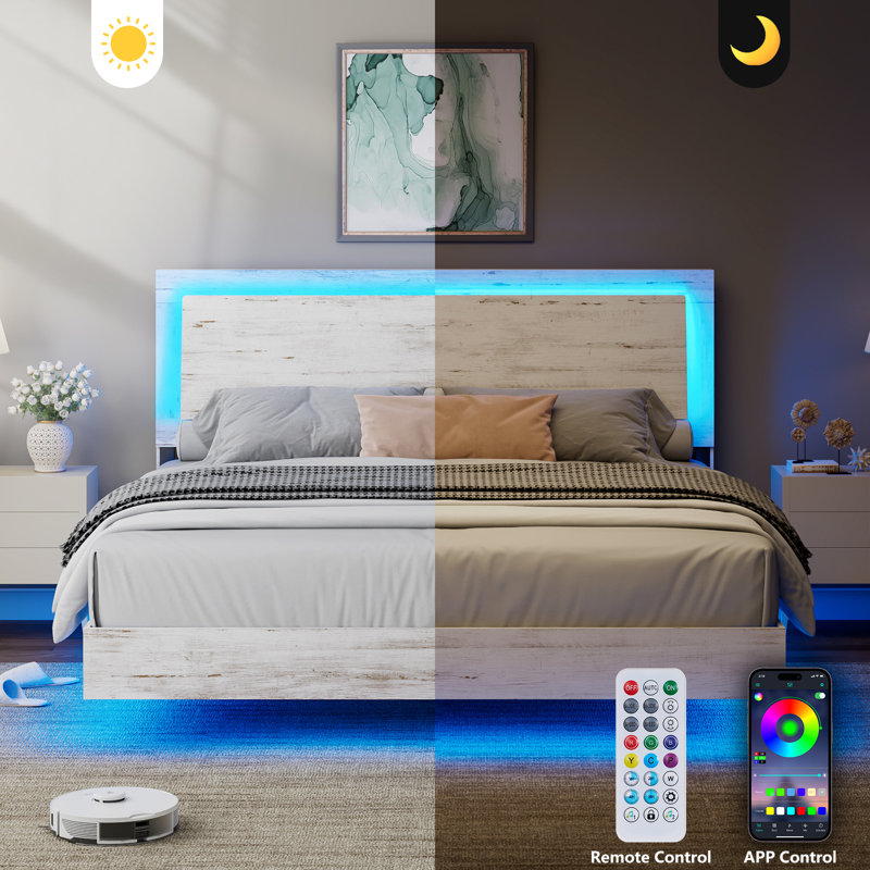 Keynen Farmhouse Floating Bed Frame with LED Light and Headboard, White, Queen