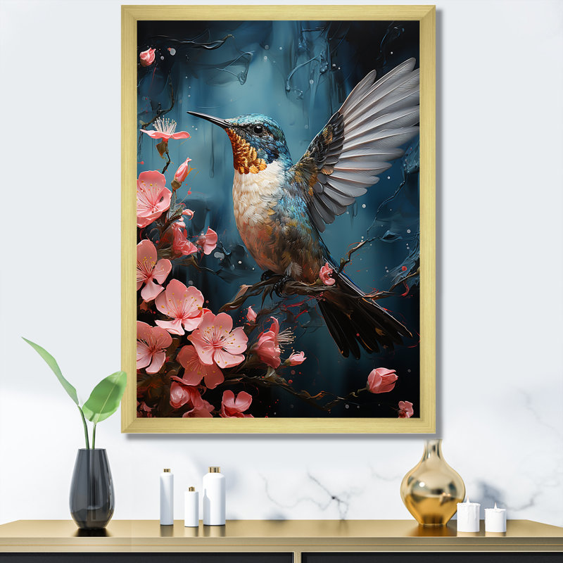 Art floral bleu colibri - Colibri, Encadrement doré, H 40 po x l 30 po x P 1,5 po