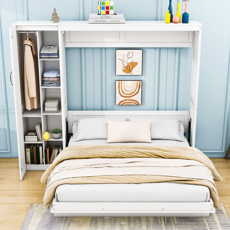 Lit escamotable en bois avec tablettes et garde-robe, Blanc, Grand