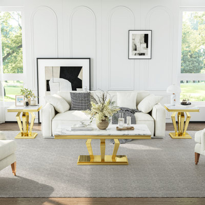 Table de bout 22,8 po avec plateau en faux marbre et structure en acier inoxydable