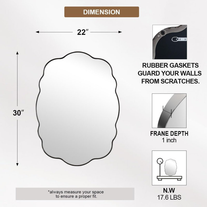 Miroir de salle de bain ovale contemporain festonné ondulé | Cadre en acier inoxydable, Chrome poli, 30 po x 22 po