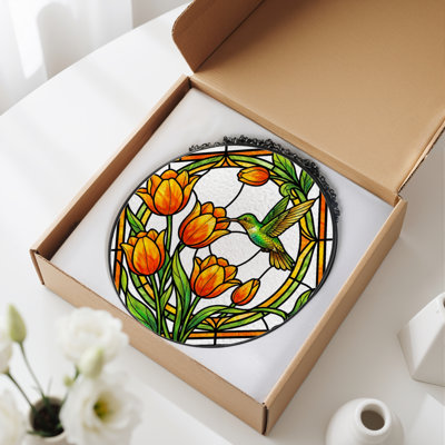 7.8"H Hummingbird Tulip Stained Glass Window Panel