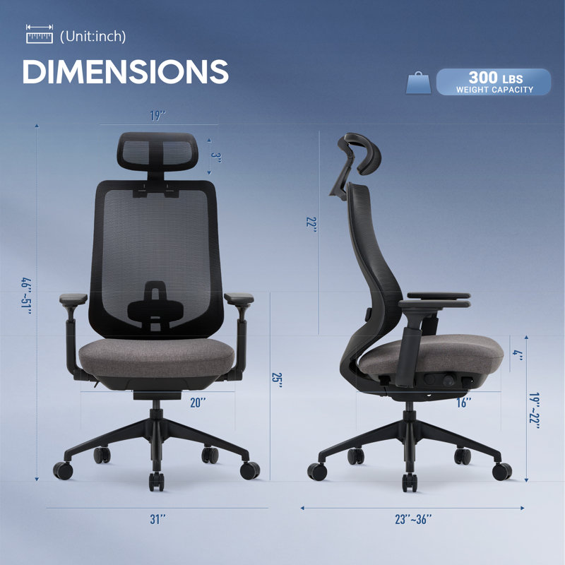 Chaise de bureau ergonomique avec appui-tête réglable, soutien lombaire et accoudoirs 4D, Gris foncé / Noir