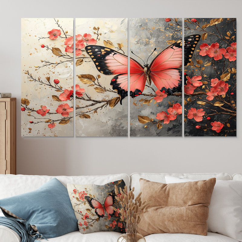 Pink Butterfly On Cherry Blossom Tree - Butterfly Animal Wall Art Print Set, 32" H x 64" W