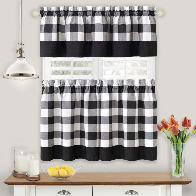 Anthe Gingham Tailored Kitchen Curtain, Black, 24" H x 57" W