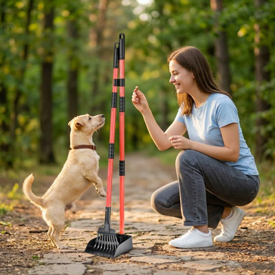 Long-Handle Stainless Steel Pooper Scooper, Tray & Rake Set for Medium & Small Dogs, Heavy-Duty Use on Grass, Dirt, or Gravel, Red