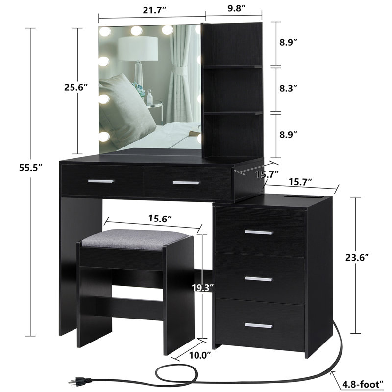 Grand ensemble de coiffeuse avec miroir lumineux et station de recharge, Noir