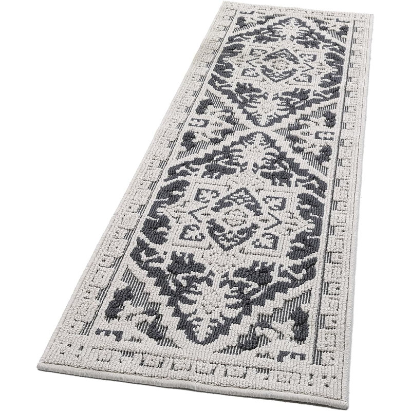 Washable Vintage Hallway Runner, Non-Slip Rubber Backing, Floral Medallion Design for Kitchen, Entryway, Laundry (Grey)