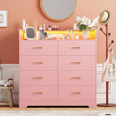 Commode à 8 tiroirs de 47,2 po de largeur avec lumières DEL et station de charge, commode double moderne avec tablette ouverte, grande armoire de rangement pour la chambre à coucher, le salon, le vestibule et le couloir