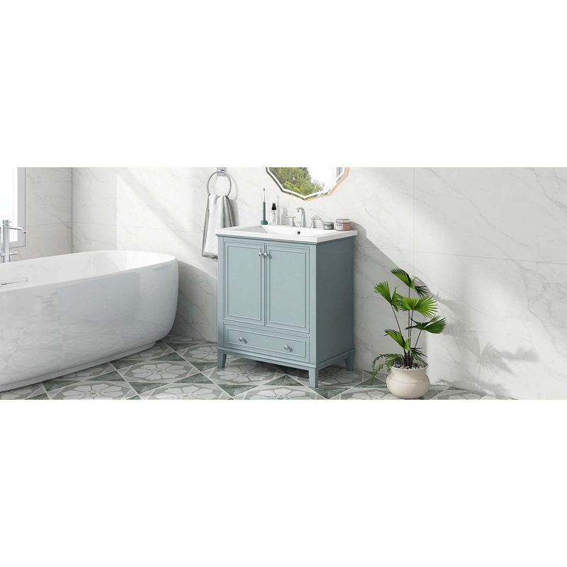 Ensemble de meuble-lavabo 30 po avec lavabo, armoire de salle de bain multifonctionnelle avec portes et tiroir, structure solide et panneau de fibres à densité moyenne