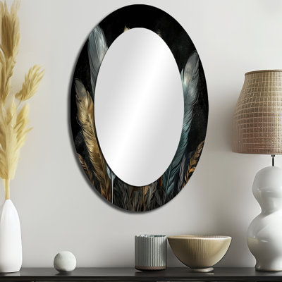 Plumes dorées dorées II - Miroir décoratif floral ovale sur métal
