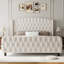 Structure de lit moderne très grand avec tête de lit à oreilles de 51 po de hauteur, lit rembourré en tissu doux capitonné à boutons profonds, lattes de bois silencieuses, aucun sommier tapissier requis, blanc-695303545-695303547
