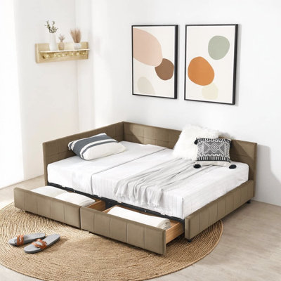 Nuvello Velvet Storage Daybed with Diamond Tufting, Double Drawers, Mid-Century Design, Eucalyptus Frame
