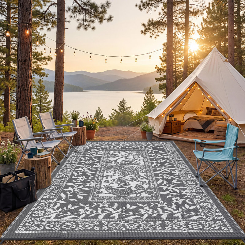 Reversible Outdoor Plastic Rug 9x12ft, Grey/White - Waterproof, Easy Clean, UV Resistant Patio Mat, Low Pile Striped Carpet for Garden, Camping, RV