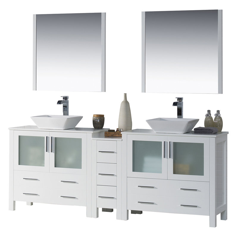Ensemble de meuble-lavabo de salle de bain double 84 po avec miroir Mance, Blanc lustré