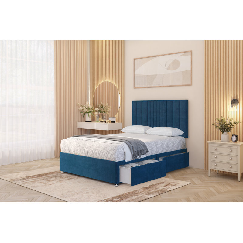 Alyssa Velvet Divan Bed Set Sprung Memory Foam Mattress & Headboard with Drawers, Kingsize (5'), Navy, 2 Draw