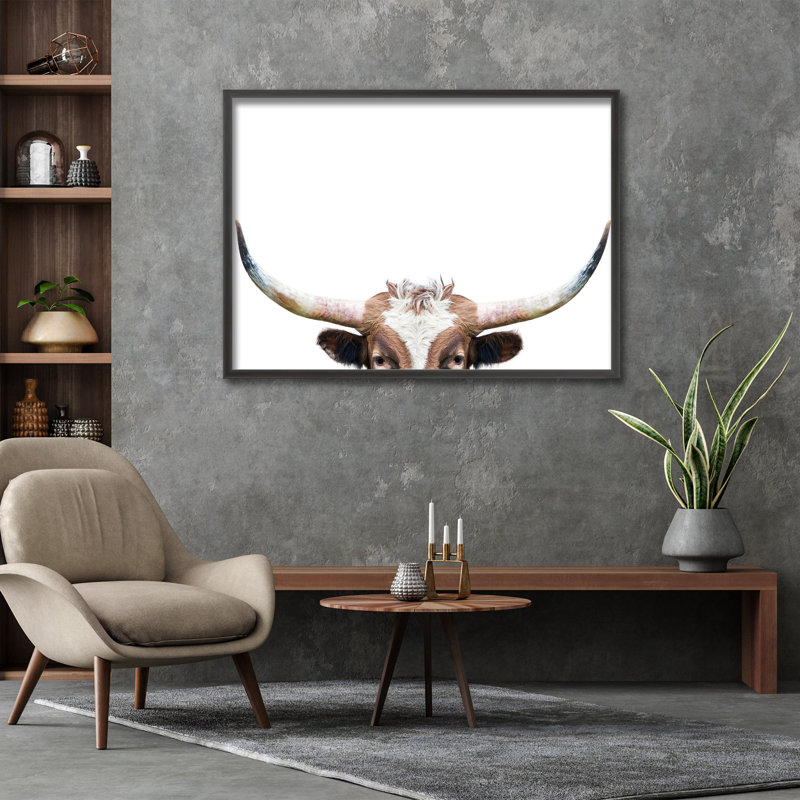 Nature Inspired Peeking Longhorn Cow by  - Picture Frame Photograph on Paper, 24" H x 36" W
