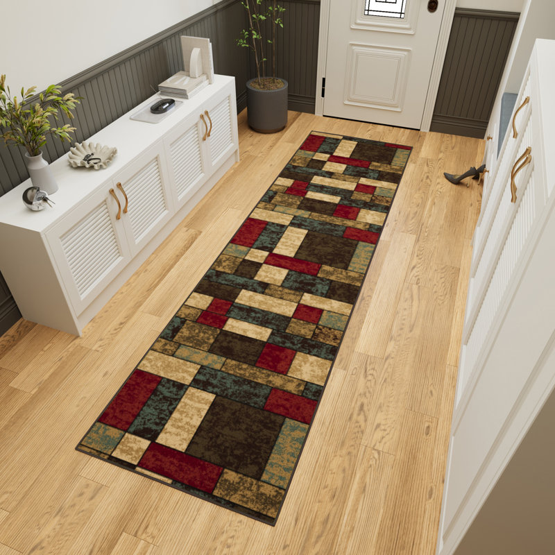Ottohome Non-Slip Boxes Area Rug For Living Room, Hallway, Entryway Rug, Runner 2'7" x 9'6"