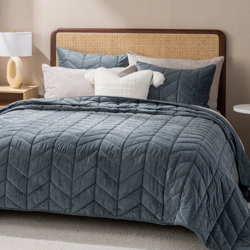 Ultra Soft Velvet Quilt Set, Stormy Blue, Queen Quilt + 2 Queen Shams