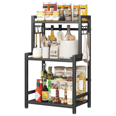 Kitchen Countertop Organizer,3 Tier Large Spice Rack Organizer with Adjustable Shelf and 5 Hooks,Wooden Counter Organizer,Space Saving Countertop Shelf Microwave Stand for Kitchen,Bathroom,Coffee Bar（Black）