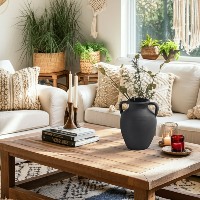 Sagebrook Home Andorra Elegant Terracotta Handled Vase - Enhance Your Space, 13" H x 10" W x 9" D, Black