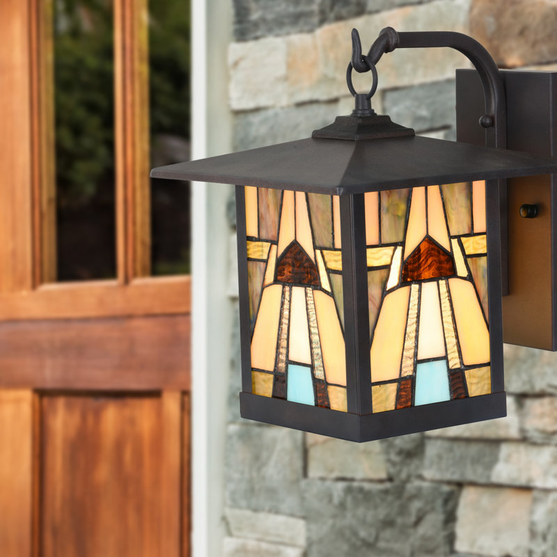 Lashasta 11.75" H Stained Glass Outdoor Wall Lantern , Yellow/Brown