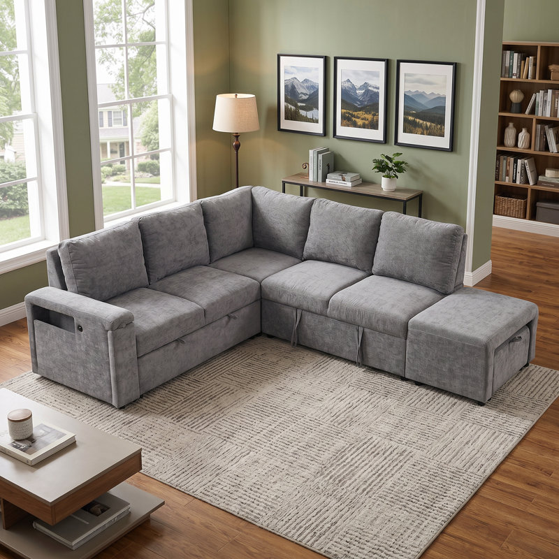 Canapé-lit modulaire en polyester 90,6 po en forme de L gris, Polyester gris