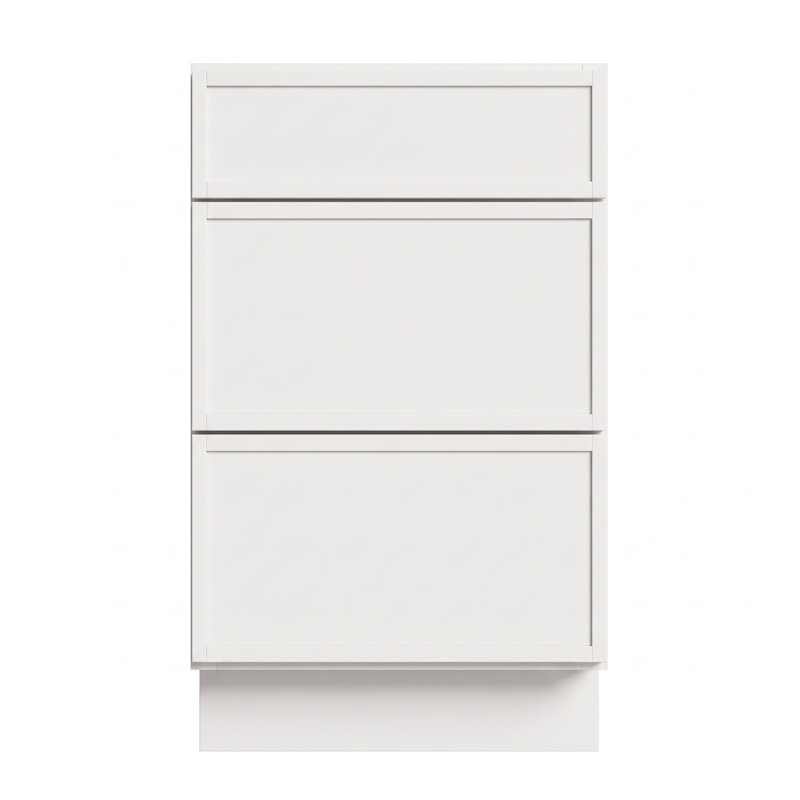 Modern White Base Cabinet with 3 Drawers, Plywood Box with Birch Veneer, Narrow Shaker Design, Soft-Close Undermount Slides, Multiple Sizes for Custom Layouts (12"–36")