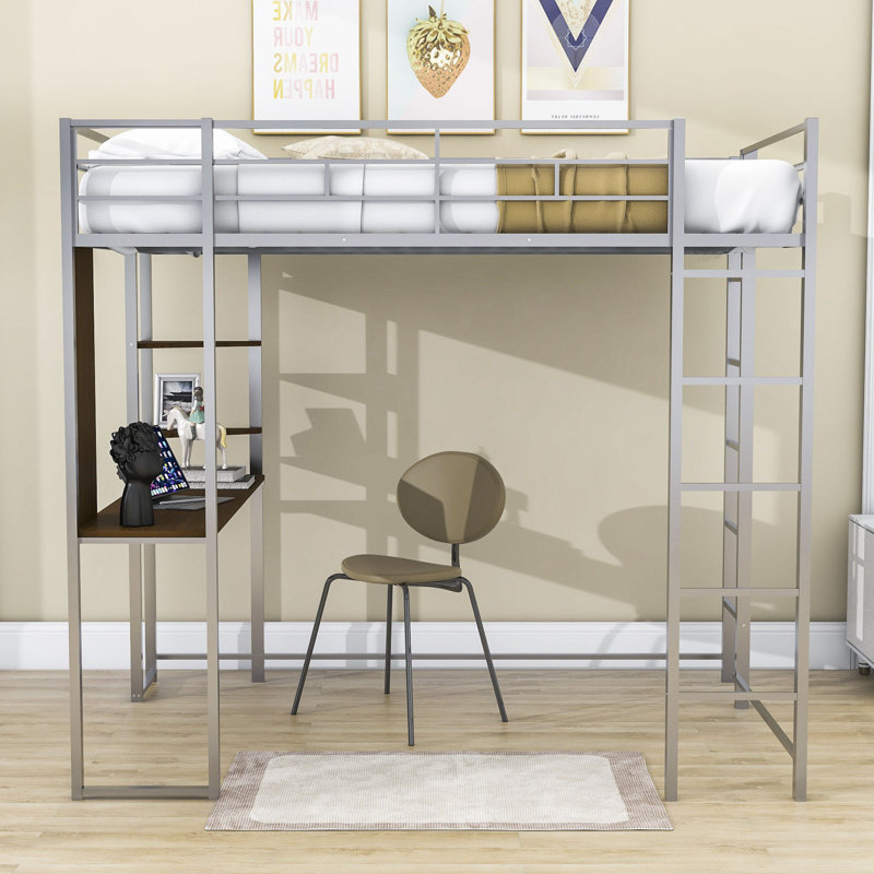 Waukee Steel Full Loft Bed with Build-In Desk with Built-In Ladder, Silver