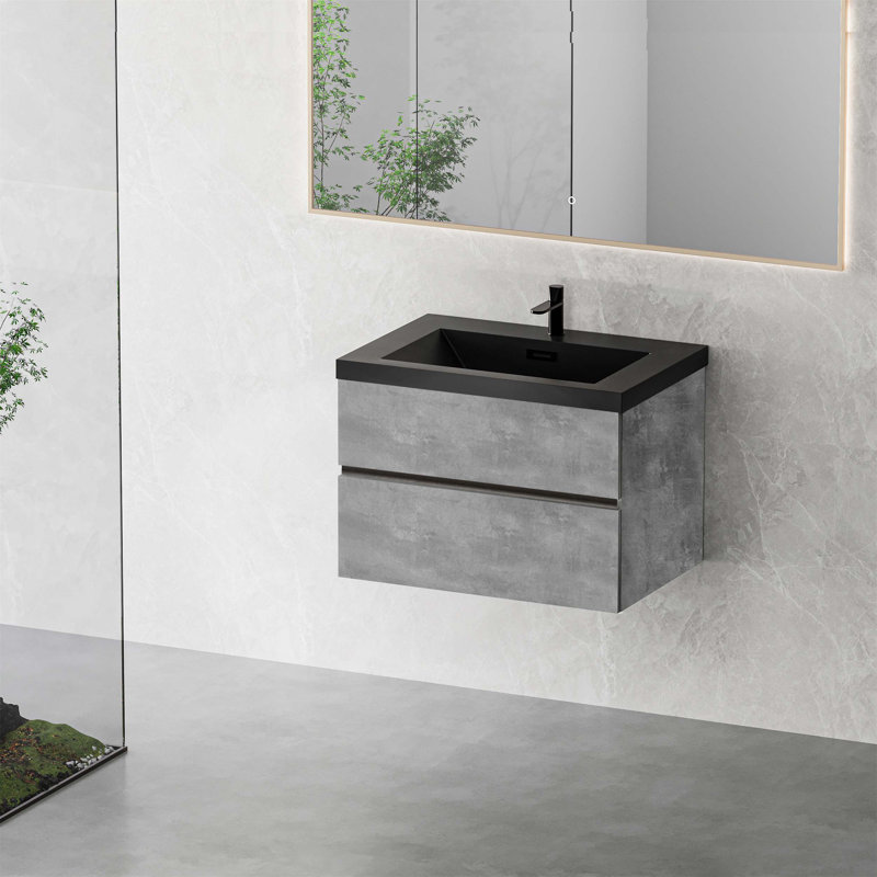 Meuble-lavabo flottant avec lavabo, armoire de rangement murale, conception moderne pour une utilisation peu encombrante et fonctionnelle.
