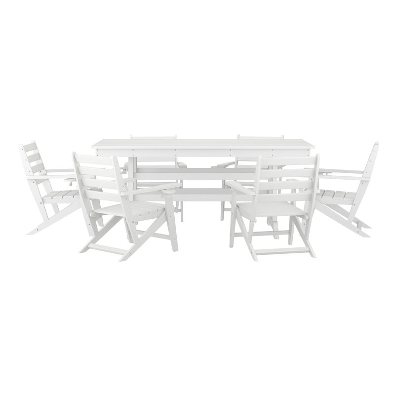 Commercial All Weather Adirondack Table And 6 Chairs With Cupholders, White