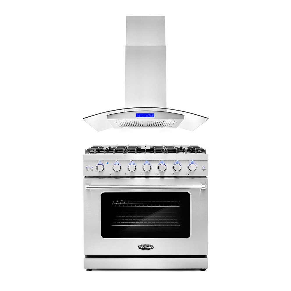 Cosmo 2 Piece Kitchen Appliance Package with 36'' Gas Freestanding Range , and Island Range Hood Cosmo