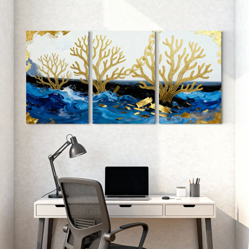 Ensemble de 3 impressions sur toile Golden Coral Blue Ocean Waves, H 18 po x l 36 po
