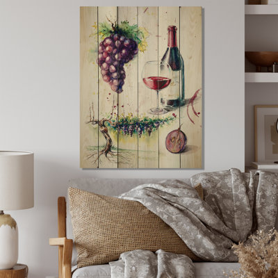 Raisins avec bouteille de vin - Peinture sur bois sans cadre
