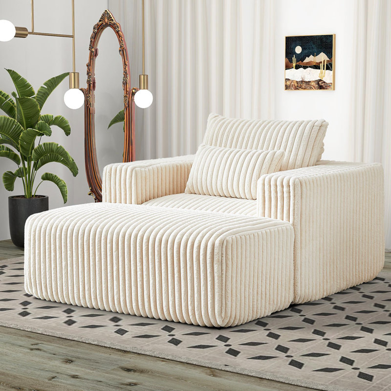 Chaise longue 55 po en velours côtelé avec repose-pieds d'intérieur, Blanc