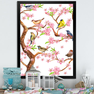 «Colorful Little Birds on Spring Flow», impression sur toile encadrée
