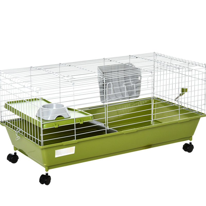 Cage pour petits animaux L 35 po PawHut, cage à lapins roulante, cage à cochon d'Inde avec plat de nourriture, bouteille d'eau, mangeoire à foin, plateforme, rampe pour furet chinchilla, vert
