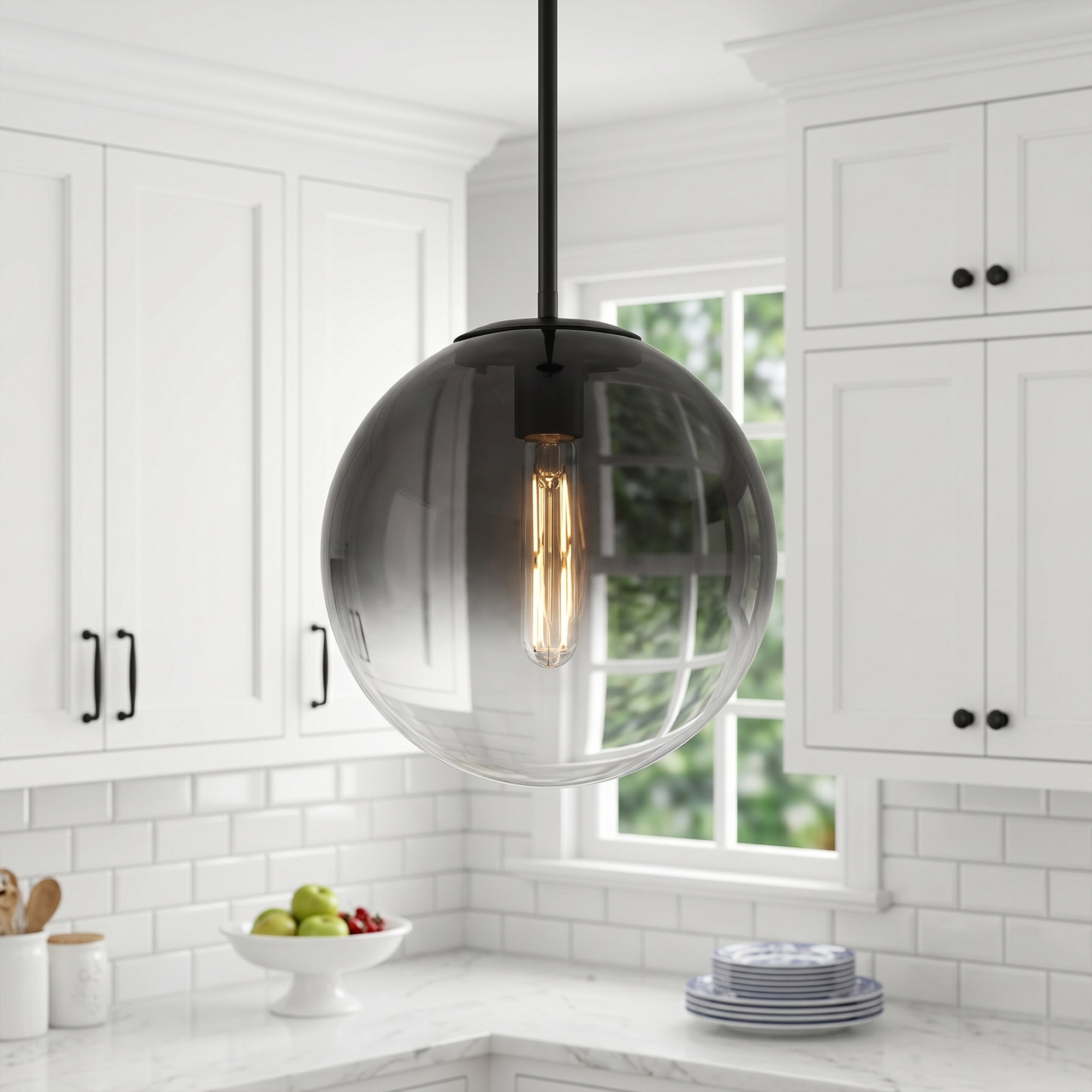 9" Glass pendany light, Matte Black, Black