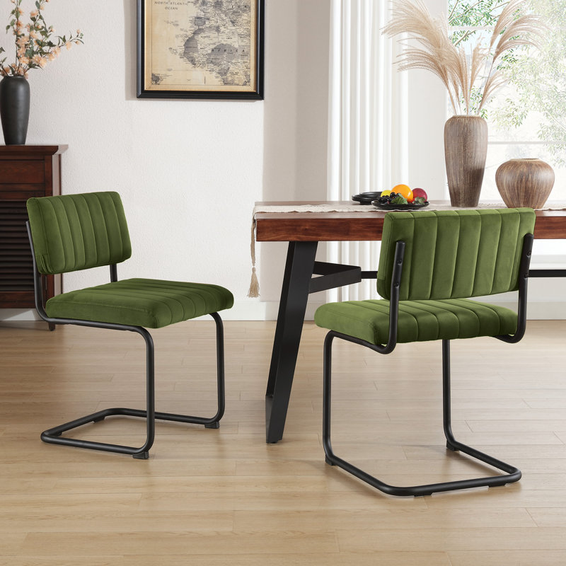 Aveon 49.8cm Channel Tufted Velvet Dining Chairs with Matte Black Cantilever Steel Frame, Olive Green
