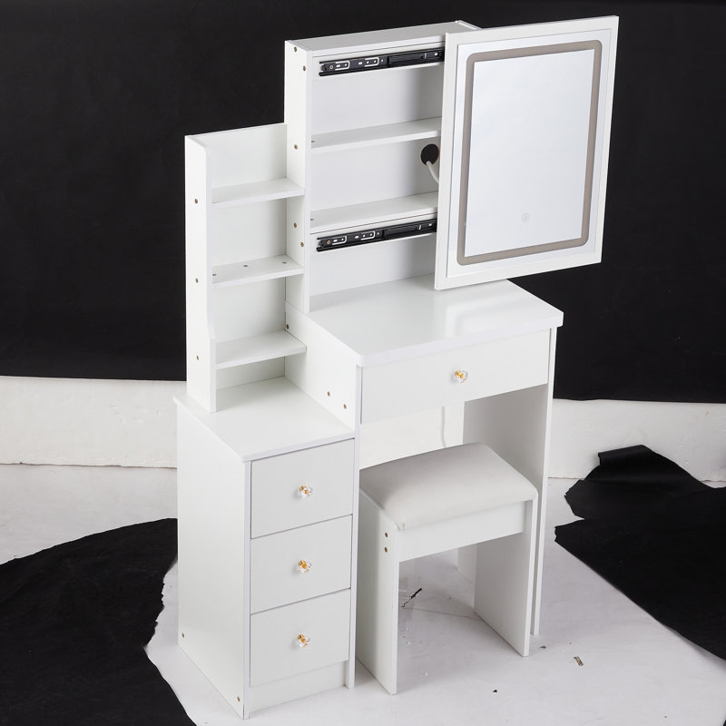 White Left Bedside Cabinet Vanity Table, Touch-Operated Led Mirror With 3 Colors & Adjustable Brightness, Cushioned Stool, For Small Rooms, , American Style Area Table In White, Material