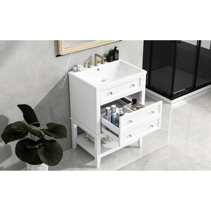 Meuble-lavabo moderne de 24 po en bois massif blanc avec lavabo en céramique, tiroir et tablette ouverte