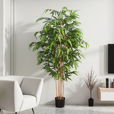 81" Tall Dual Trunk Artificial Bamboo Tree - Realistic Real Touch Leaves, Indoor Floor Plant With 7" Black Cement Pot