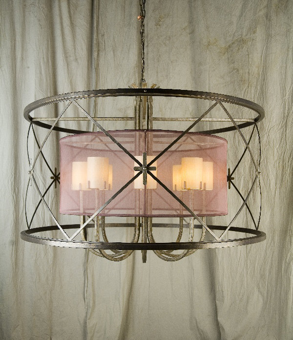 Luminaire suspendu 8 lumières Penelope, Tabac doré, Trompette crème