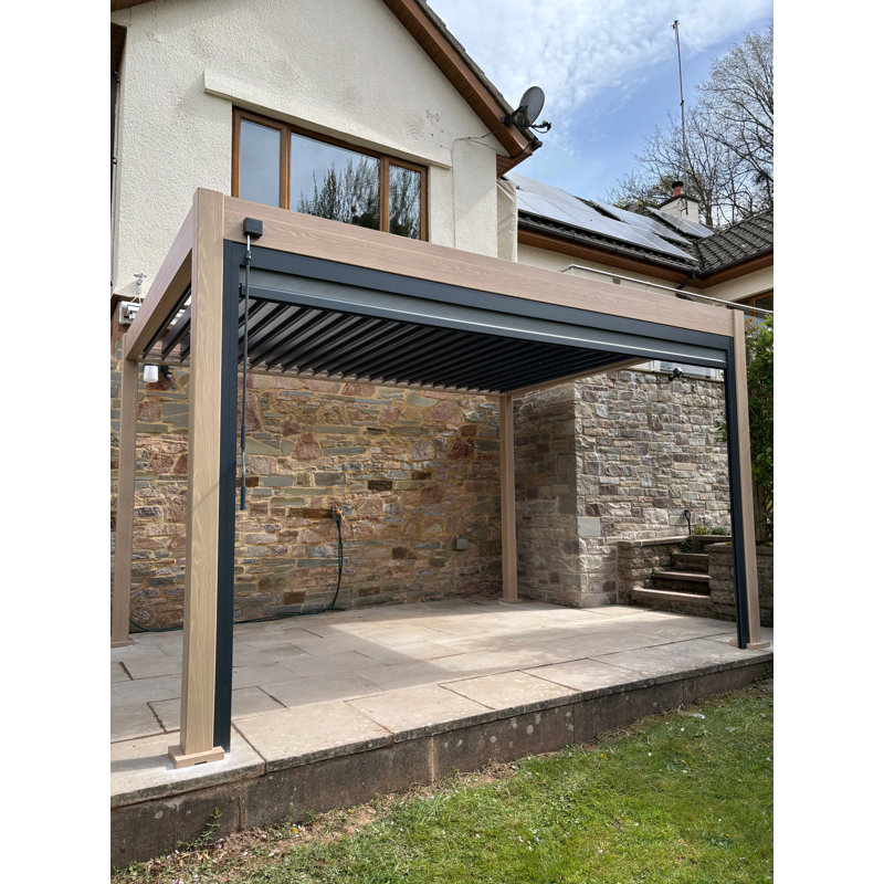 Saturn 2.5m x 4m Aluminium Wood Effect Pergola with Accessories, No