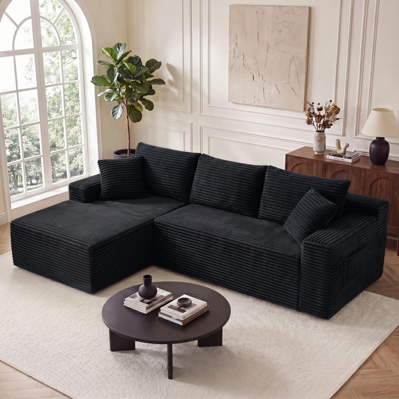 Canapé modulaire en velours côtelé de 106,3 po de largeur avec méridienne en L, siège profond, sans assemblage requis, noir