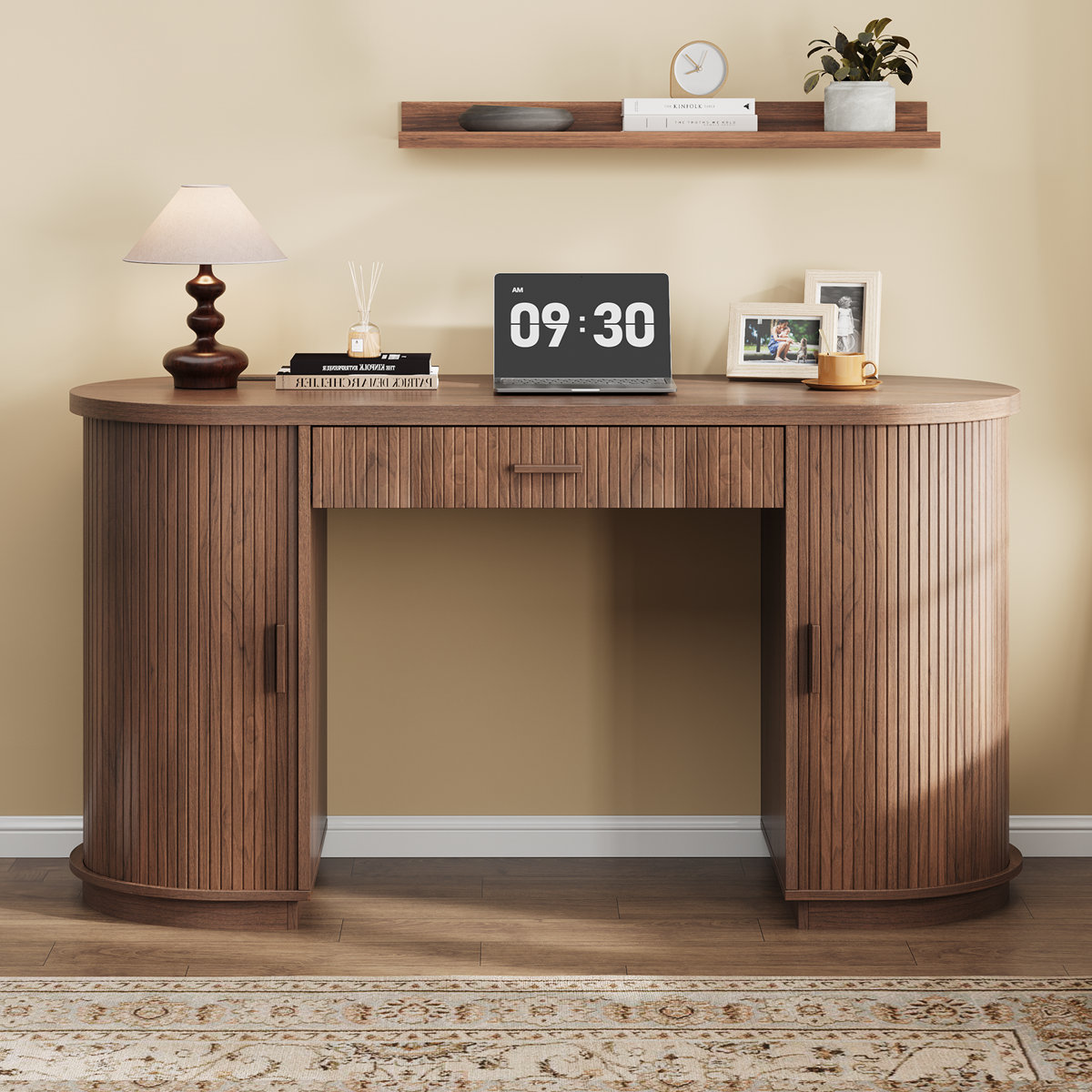 57.9'' Mid-Century Executive Desk With 2 Storage Cabinets With Tambour Sliding Doors, Wood Home Office Computer Desk With Drawer And Power Outlet